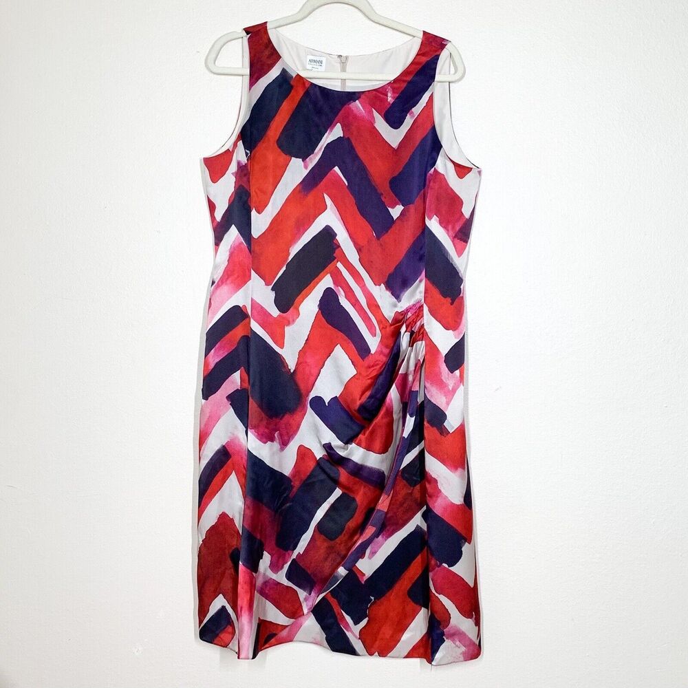 Armani Collezioni 100% Silk Sheath Dress 14 Red Pink Purple Abstract